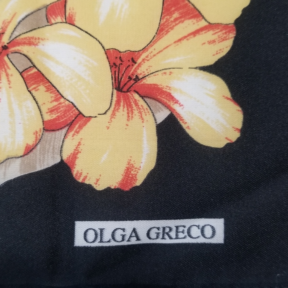 Vintage Olga Greco Tropical Floral Print Black Scarf - Picture 7 of 9